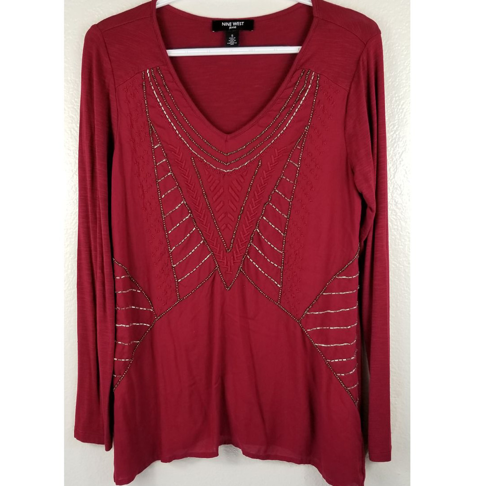 Nine West Jean's Red Beaded Lightweight Long Sleeve Blouse S